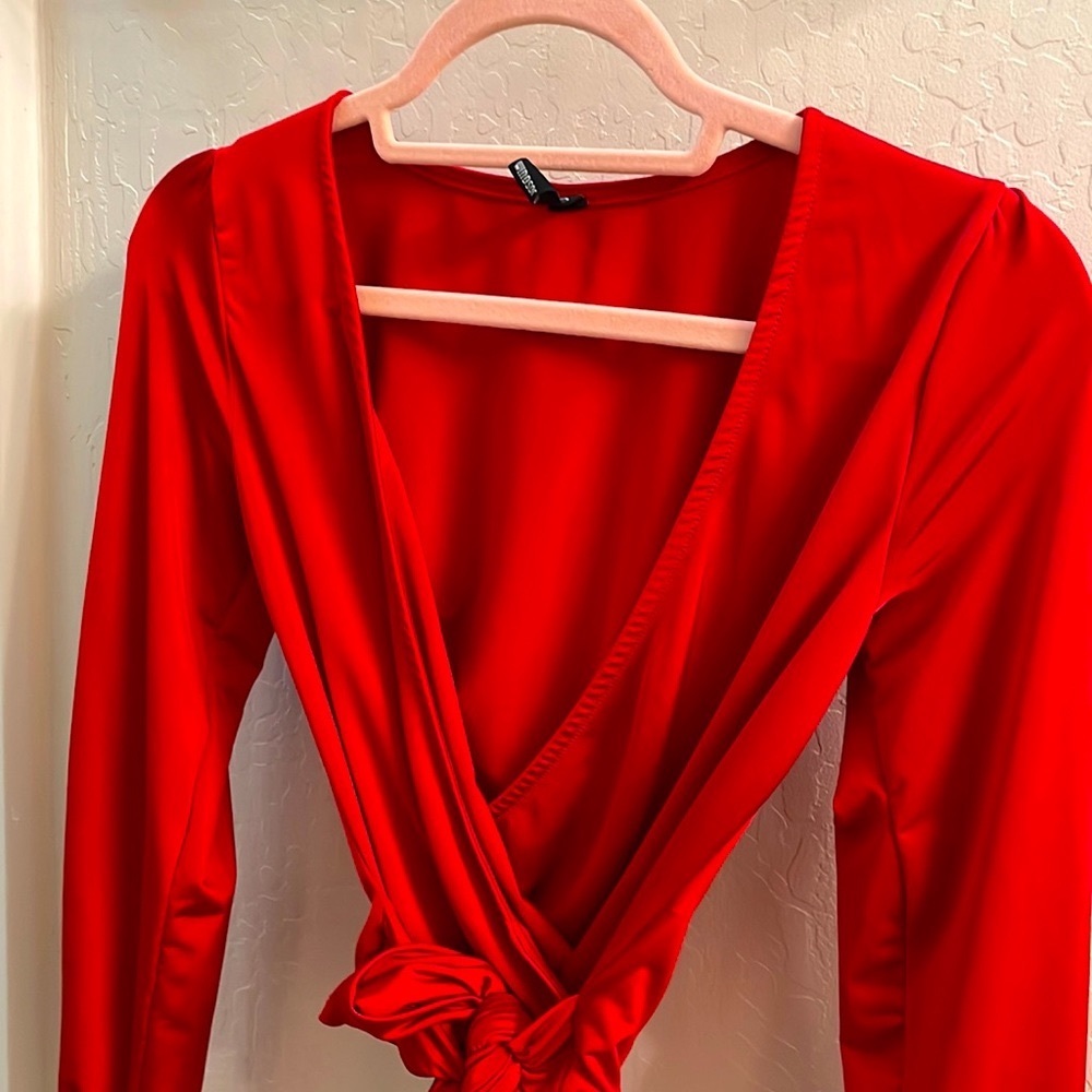 Red satin wrap long sleeve top with waist tie